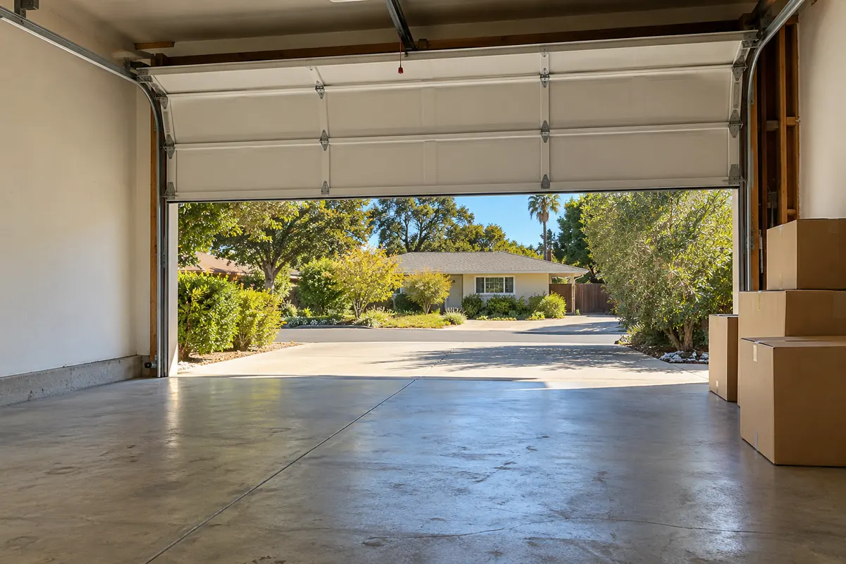 A garage with a few boxes on one side