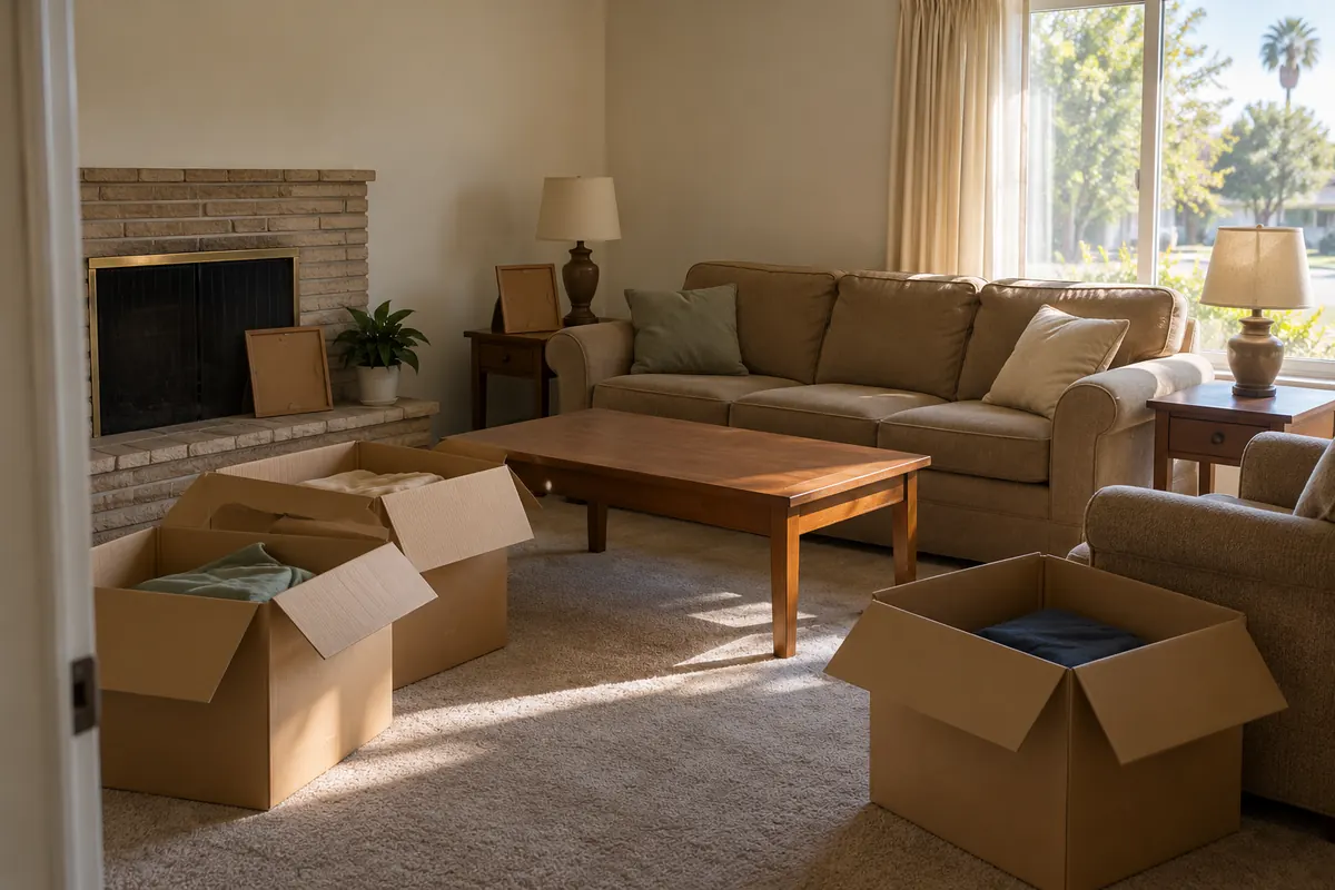 Living room of an older family home with a few packed boxes
