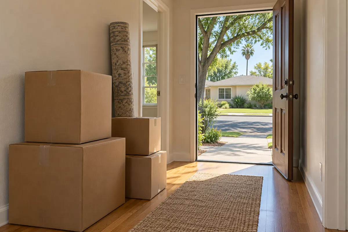 Moving boxes stacked by the front door of a house
